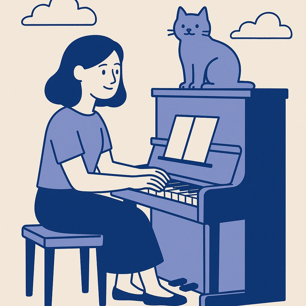 woman playing piano while her cat sits on top of the piano emoji