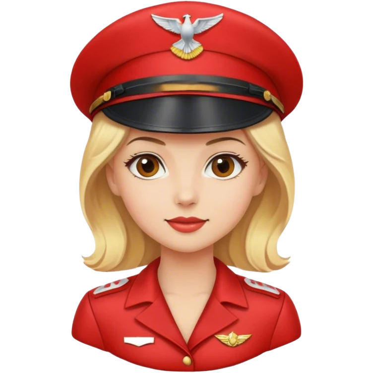 blonde with woman in a red dress and wearing pilot's cap emoji