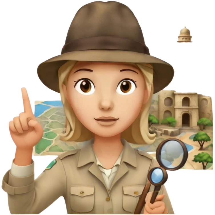 Icon for Documentary Film (TV style): A traveler pointing backward and narrating in front of ancient ruins. Include elements like historical landmarks, maps, and exploration tools to evoke a sense of adventure. Transparent background. emoji