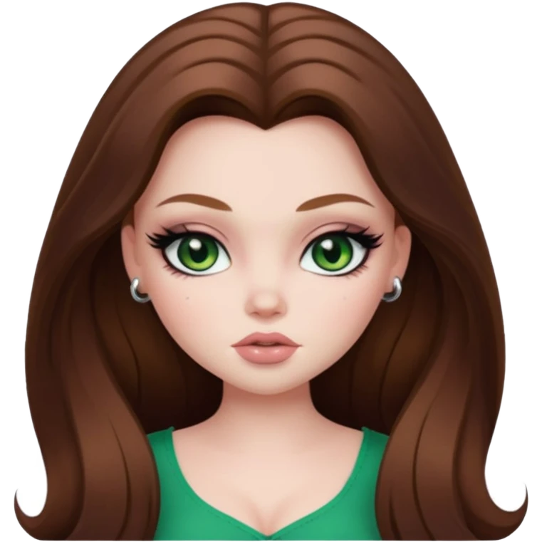  long brown hair, pale skin, green eyes, pretty bratz baddie, plus size baddie, black eyeliner, blush emoji