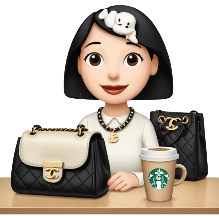 snoopy in a desk with starbucks and his chanel purse emoji