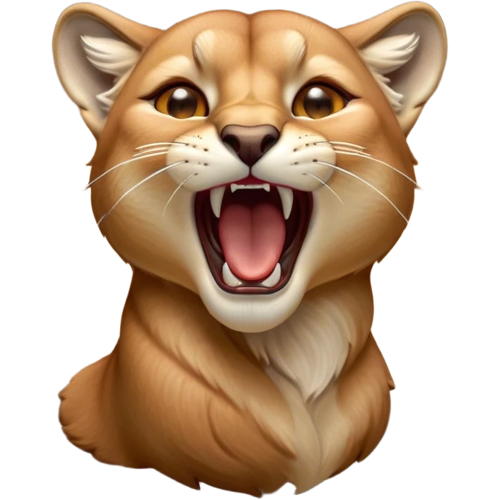 Cinematic Cute Yawning Cougar Portrait Emoji, Head tilted slightly with a dramatic, wide-open yawn, showcasing a soft, sleek tawny Fur with gently drooping ears, round amber eyes barely open in drowsy contentment, Simplified yet irresistibly adorable features, highly detailed, glowing with a soft, cozy glow, high shine, relaxed yet expressive, stylized with a touch of wild whimsy, bright and endearing, soft glowing outline, capturing the essence of a sleepy yet affectionate cougar, so drowsy it feels like it could stretch out of the screen and curl up for a nap! emoji