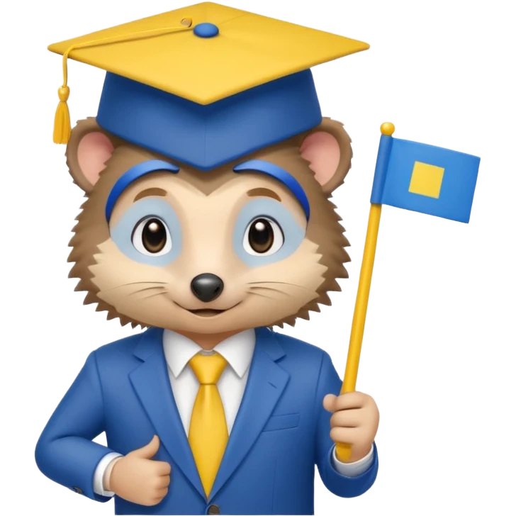 A hedgehog student in a suit in the color of the Ukrainian flag in a square academic cap emoji