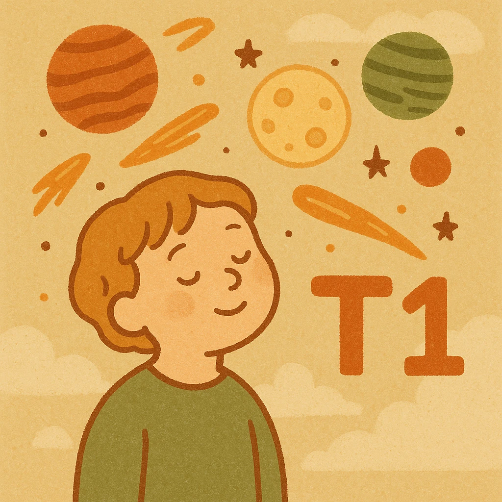 space theme with the words T1, cartoon style, colorful planets and comets, playful font for T1 emoji