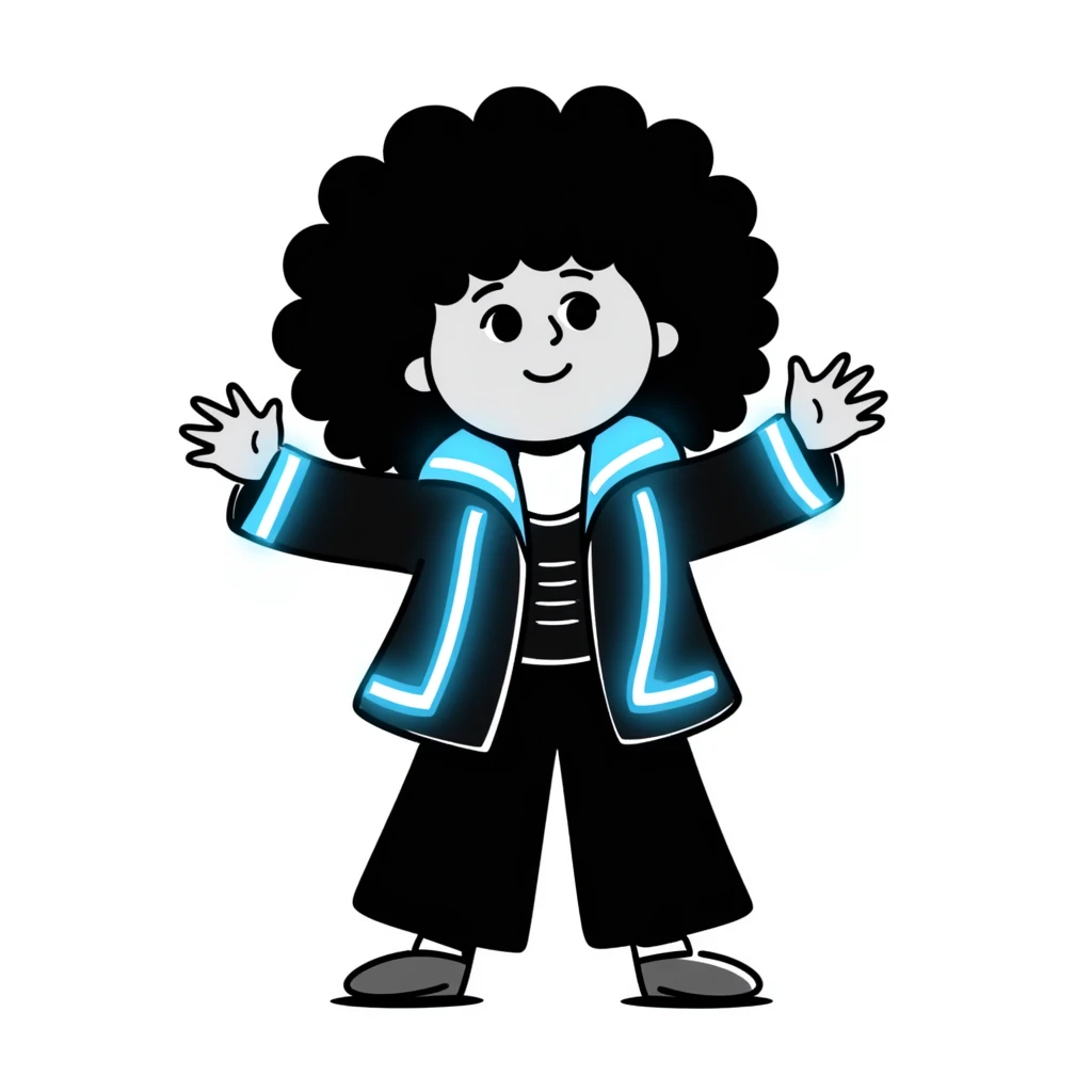Cabbage Patch Kid dressed as Tron character with neon accessories, 80's retro sci-fi style emoji