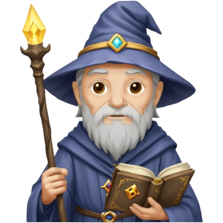 Old wizard with staff and glowing spellbook emoji