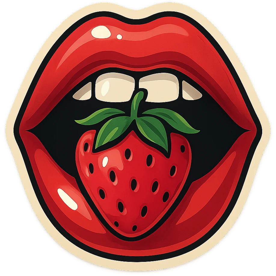 Create a retro sticker style image of glossy red lips holding a strawberry in the mouth, viewed straight on (not at an angle). The lips and strawberry should face directly forward with bold outlines, juicy colors, expressive shadows and highlights. The style should be clean, playful, and bold with no drips or liquid effects. emoji
