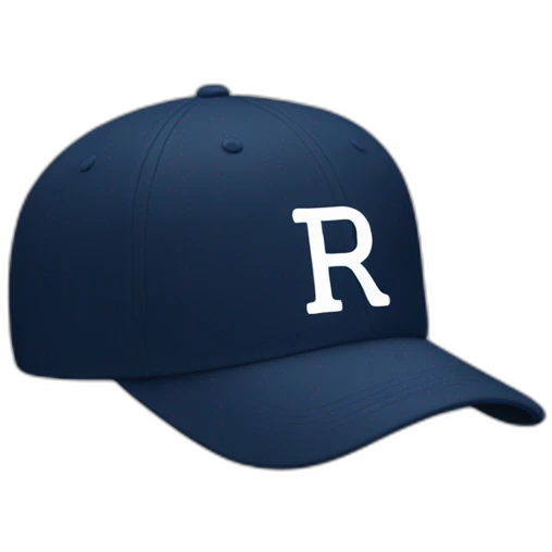 a navy baseball cap with a small white letter R on the front, seen from the side emoji