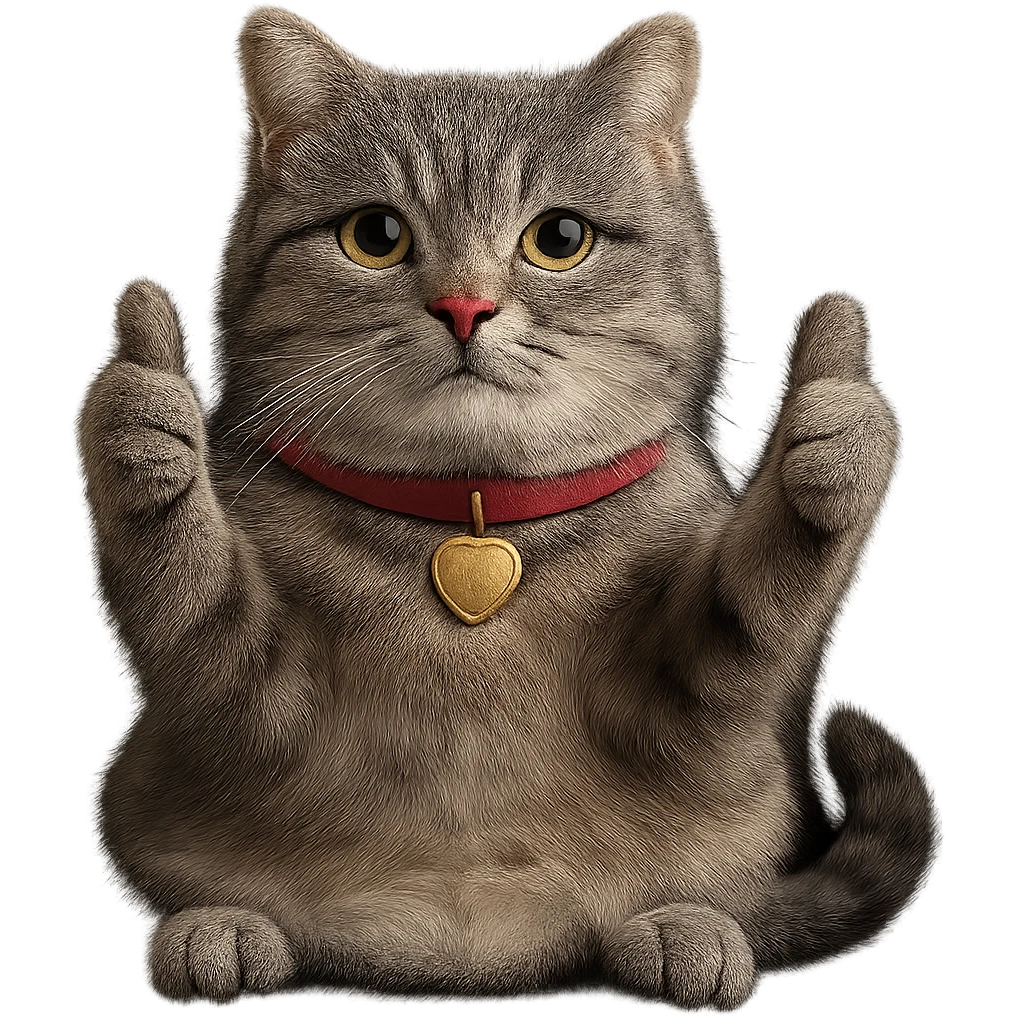 Make this British Shorthair cat giving a thumbs up look more realistic, keep the pose and cheerful expression, no background, photorealistic style. emoji