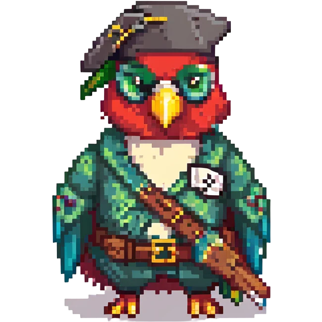 a classic pirate with a green parrot, pixel art style emoji