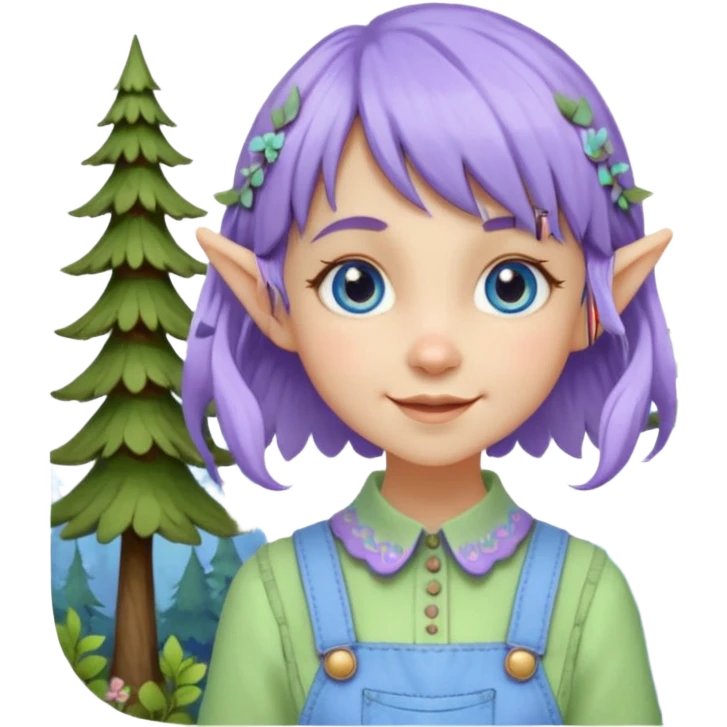 Kind happy whimsical quirky Girl toymaker, wood carving elf. Woodland nature creator. Blue eyes. Short bob, brown wavy hair with bangs. Whimsical playful cute. Overalls with nature embroidered cute shirt collar. Light green, light purple and light blue colour aesthetic  emoji