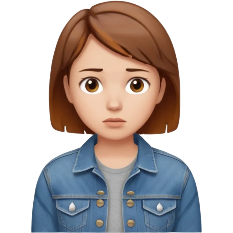 a woman with a brown short hair, looking at the left, worried, wearing a denim jacket, only upper body, high quality emoji