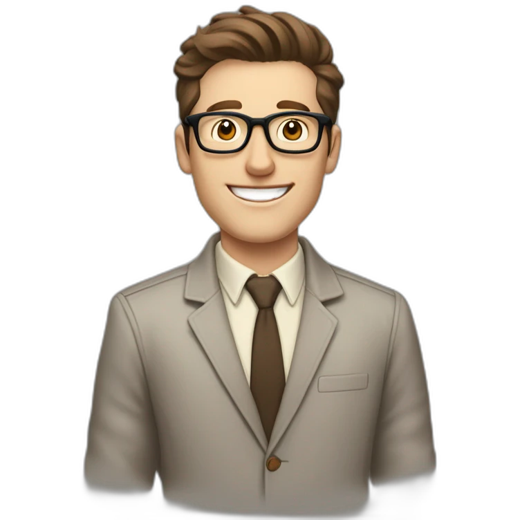 Joyful Pale skinned Fit Man With dark brown hair in gray jacket, beige office shirt, Brown pants and vintage glasses. His thrumbs up emoji