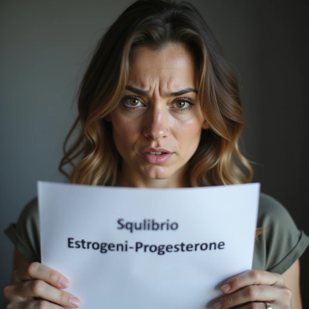 hyperrealistic 4K close-up of a woman with hormonal imbalance looking at a sheet with the text 'Squilibrio Estrogeni-Progesterone', worried expression emoji