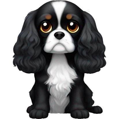 Small completely black Cavalier King Charles spaniel with black fur on his whole face and white fur on chest emoji