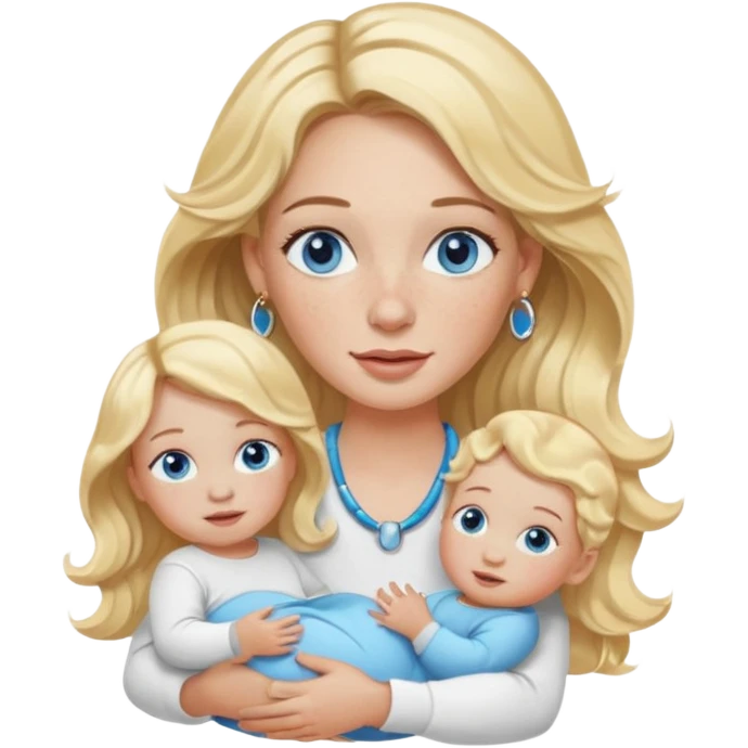 Wavy blonde, white woman with blue eyes, freckles hoop earrings, holding babies emoji