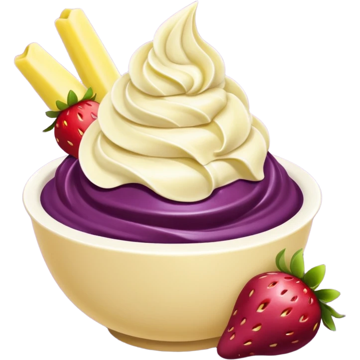 acai purple soft serve in a bowl strawberries and chopped banana emoji