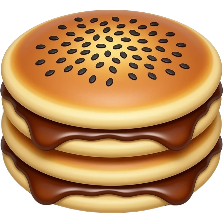 Korean hotteok, realistic, stacked pancakes, glossy brown syrup filling, crispy golden surface, black sesame seeds, white plate, clean background, studio lighting, high detail emoji