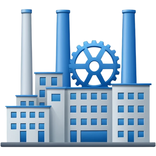"A minimalist vector icon of a modern manufacturing factory building with a gear symbol above it. Blue and grey color scheme, flat design, white background, simple thick lines, professional business logo style." emoji