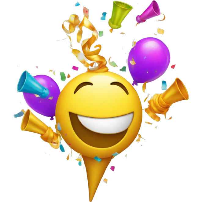 smiley face with dollar sign eyes blowing a party horn with colorful confetti emoji