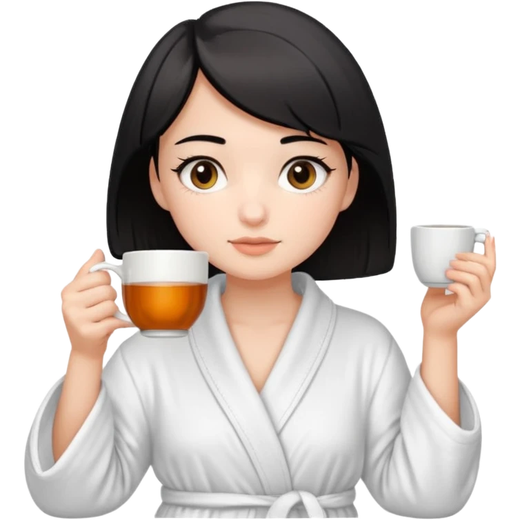 White girl with brown eyes and short black hair drinking a cup of tea in a bathrobe emoji