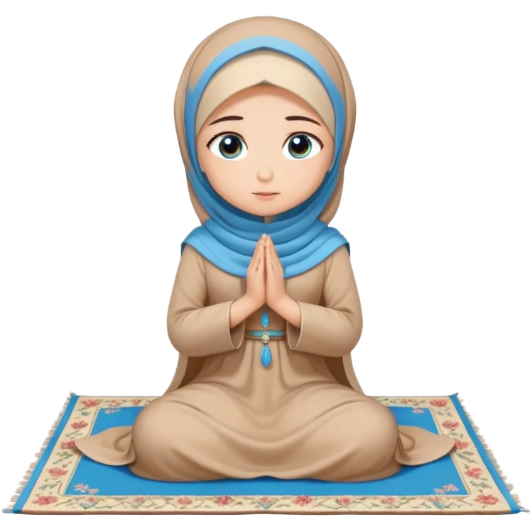 Turkish beautiful finish Konya girl blue eyes with beige flower hijab long tail dress and sits on the pray mat namaz on the ground with dua  emoji