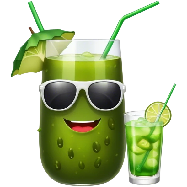 A pickle with sunglasses drinking a green cocktail emoji