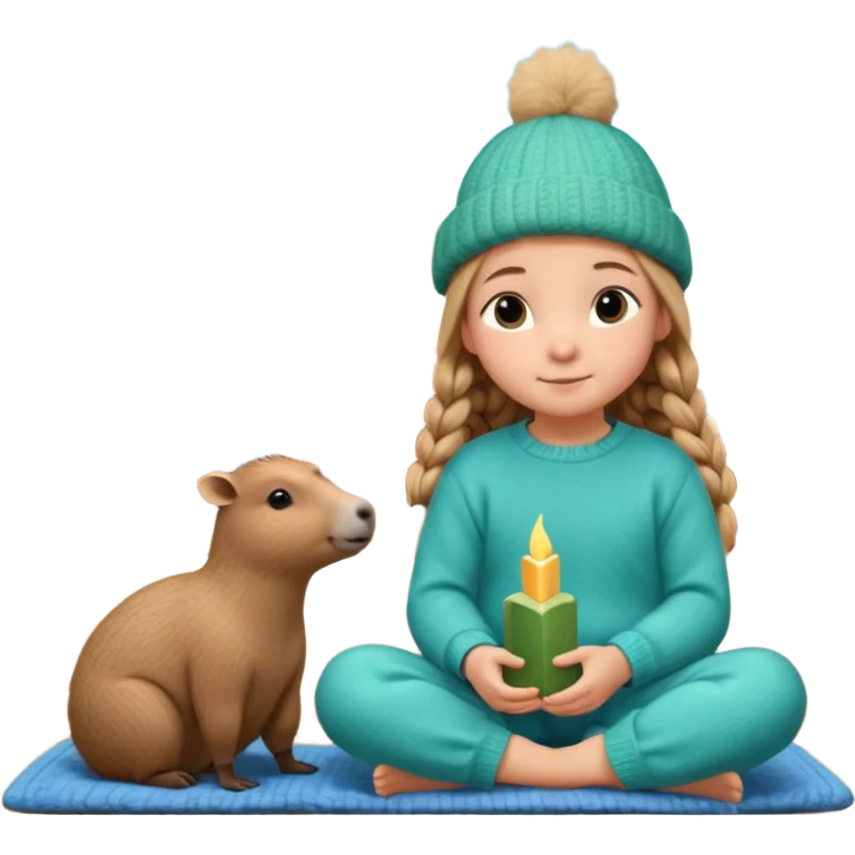 A cute 11-year-old girl with light brown braids in front, wearing emerald green cozy sweater and blue pajama pants, sitting with a fluffy capybara wearing a tiny knitted hat, warm pastel illustration style, soft lighting, Moscow Kremlin spire visible through window in background, 3D render emoji