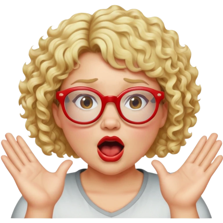Blonde woman with short curly hair, slightly overweight, wearing red-framed glasses, shouting with hands on both sides of her mouth emoji