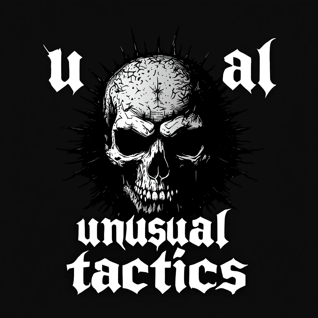 a logo, resembling that of metal band logo, for the text: "unusual tactics" emoji