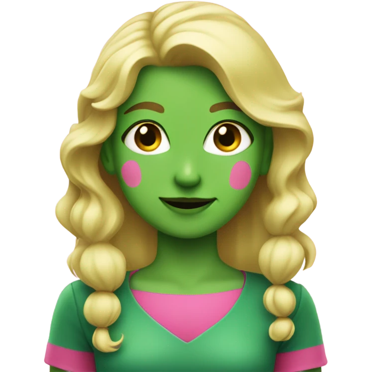 A blonde girl with green skin holding a pink comb smirking  emoji