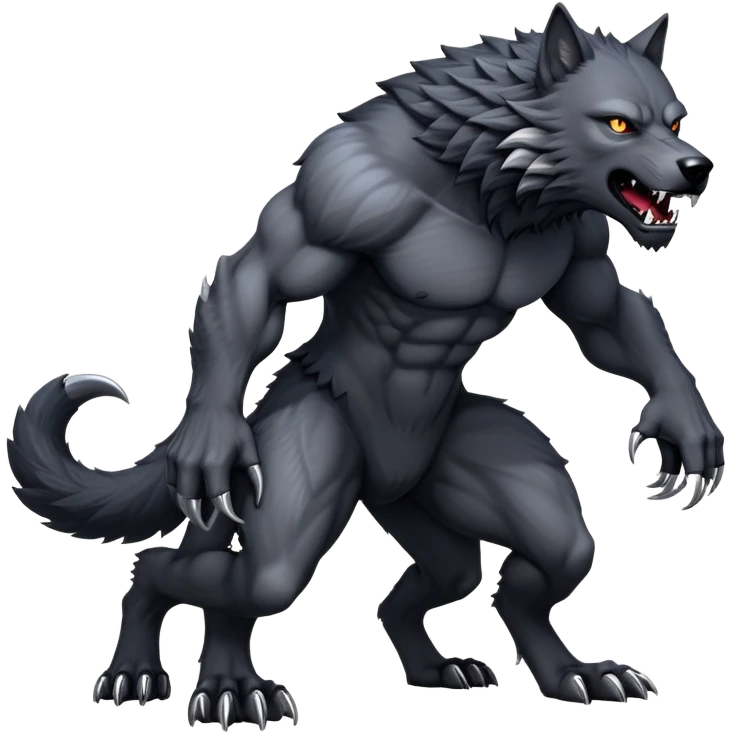 cinematic-noble-fierce-werewolf-full body on all fours-emoji, poised-and-imposing, with a tall, lean, and muscular wolfish frame inspired by the brutal, imposing shape of the beast from Berserk, fur rippling in shades of midnight black and silver, massive paws with razor-sharp claws, elongated limbs and fangs, eyes glowing with an intense, primal ferocity, reflecting the untamed power of the wild moonlit night; rendered with realism emoji