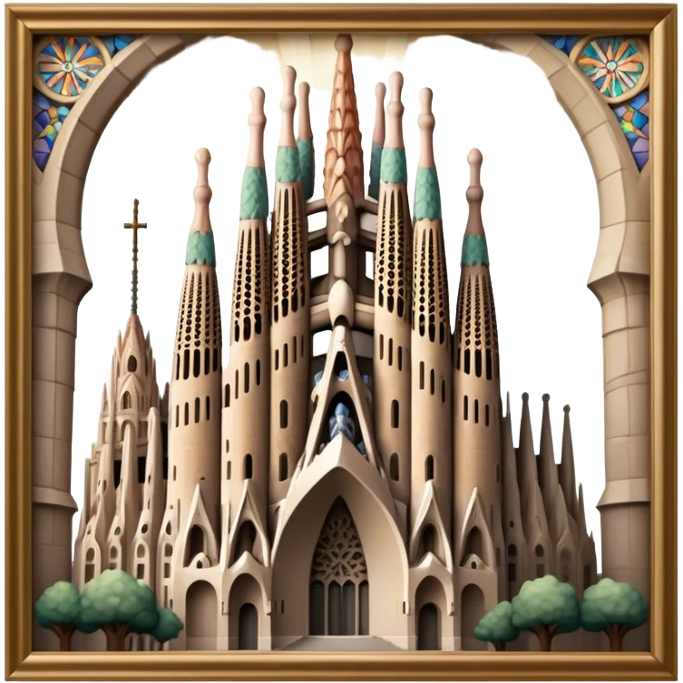 Cinematic Realistic Sagrada Fam√≠lia Landmark Emoji, depicted with the intricate, soaring architecture of the basilica rendered with detailed textures and dramatic, ethereal lighting. emoji