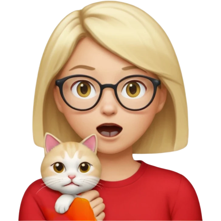emoji style, waist-up woman with light skin, blonde bob hair, white cat-eye glasses, red shirt, hand cupped tightly around her mouth, hand very close to face as she shouts forward, excited expression, simple background emoji