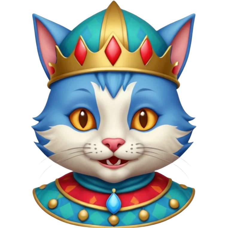 crazy colorful cute little cat jolly joker from poker, medieval, vintage, court jester, mac os icon, blue color emoji