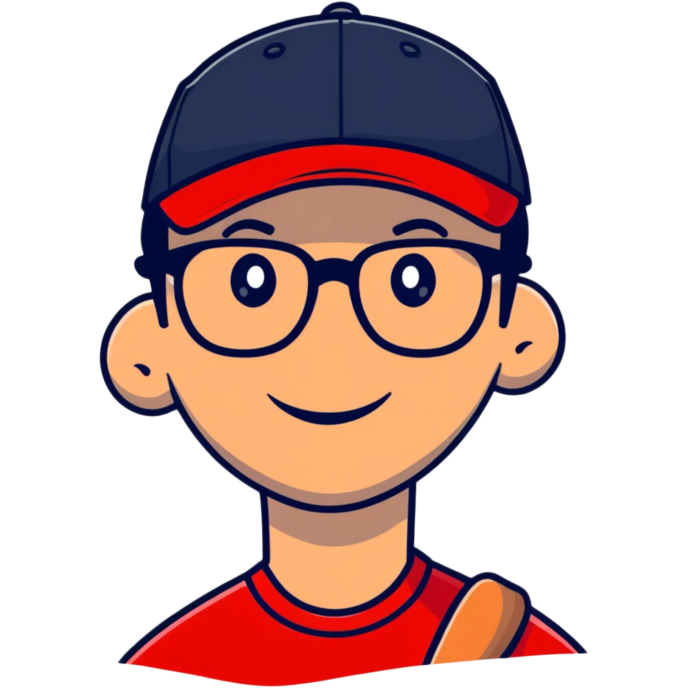 smiling man in red with black glasses baseball cap emoji