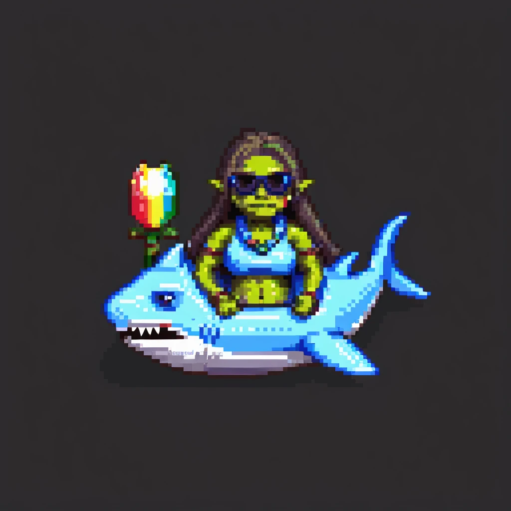 orc female standing in a shark-shaped inflatable floatie, with big sunglasses and a whistle necklace, pixel art style emoji