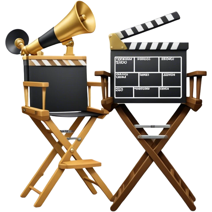 Icon for Directing: professional collage with director's chair, a film slate, a megaphone and an Oscar statuette. The icon should represent the creative and leadership aspects of directing, with focus on film and theater production. Transparent background. emoji