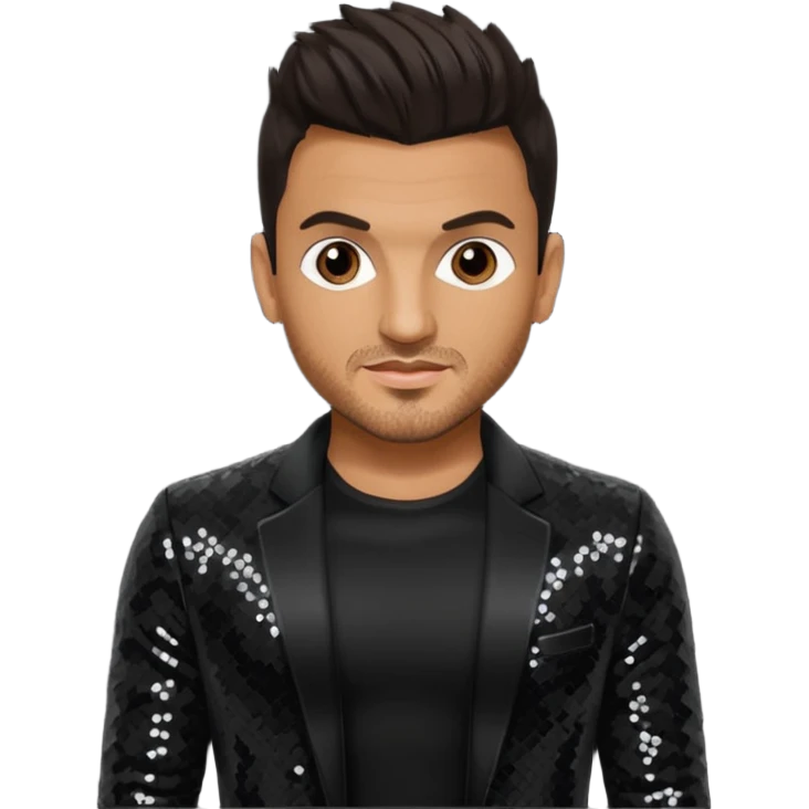 Peter Andre with dark brown hair, black sequin outfit emoji