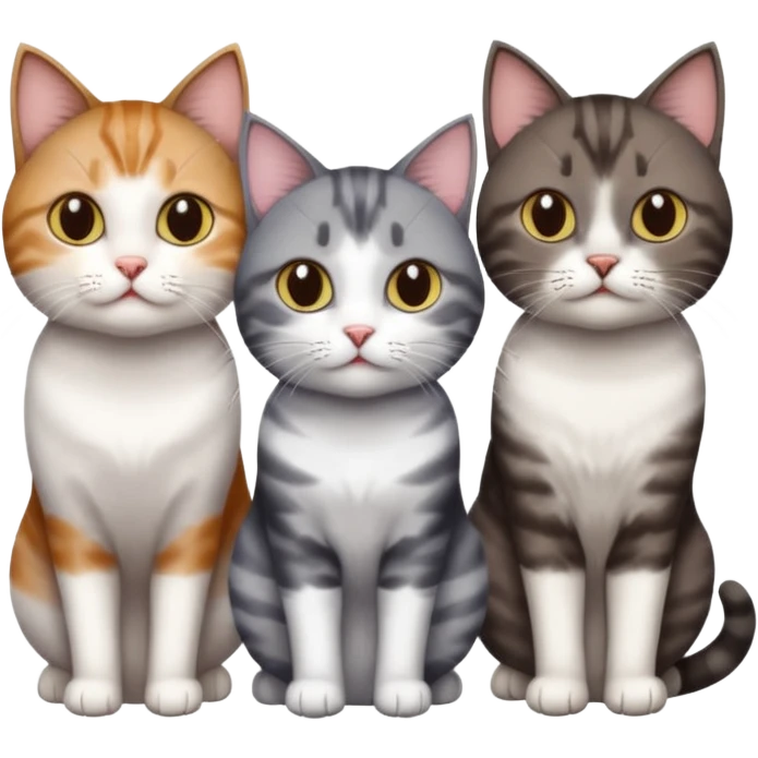 3 different coloured short haired cats including; a dark brown tabby and white cat, and a dark grey and white  emoji