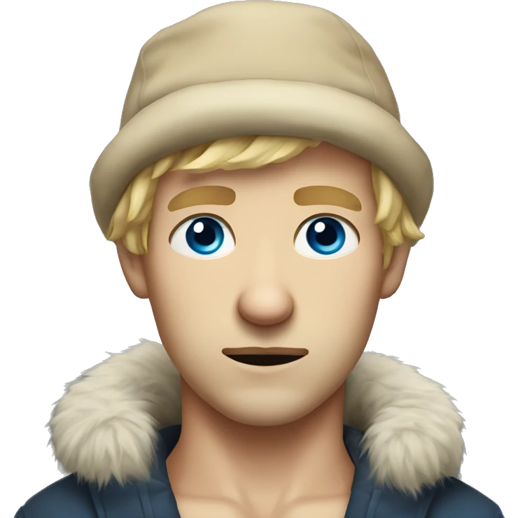 male portrait in fur hat blue eyes blonde hair and sad emoji