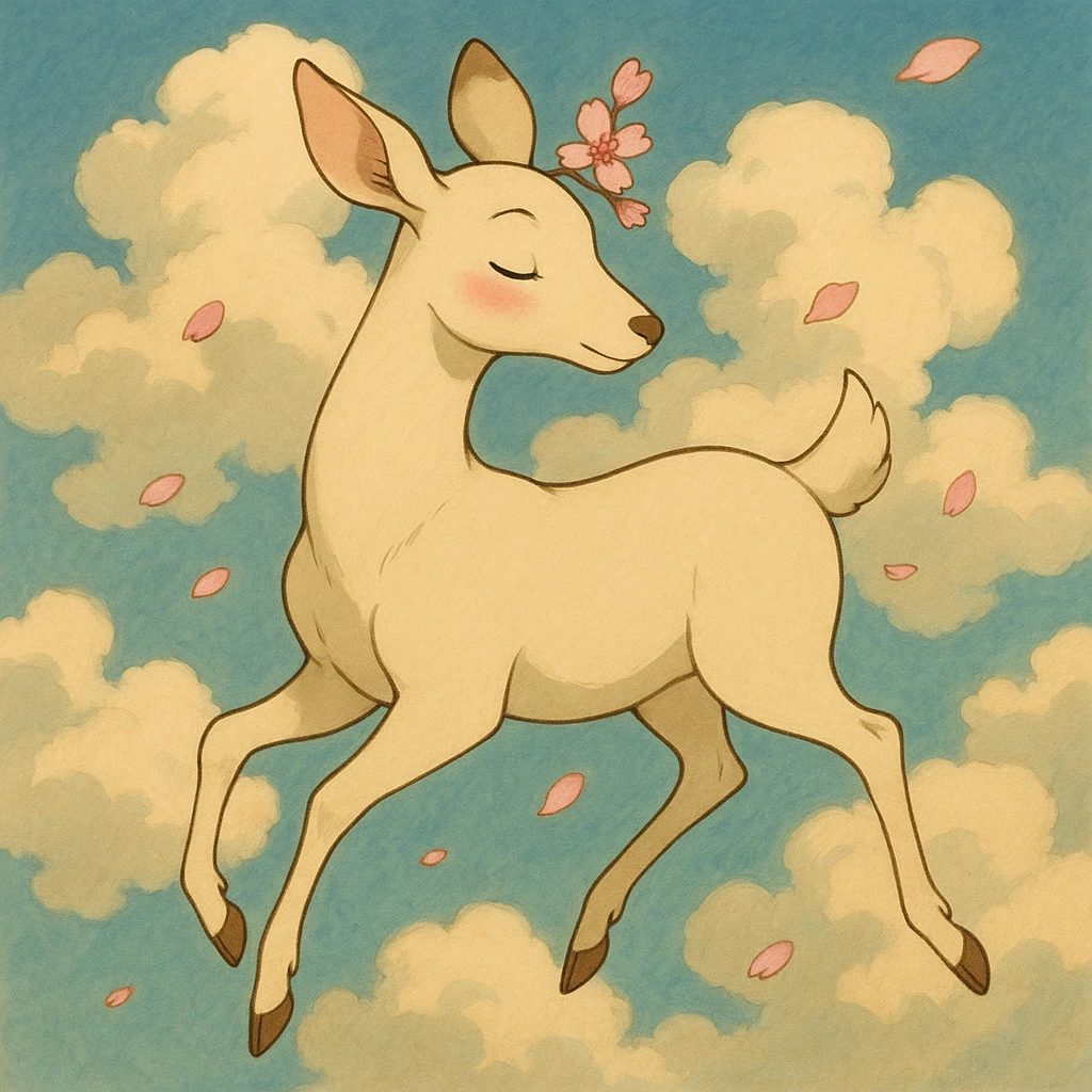 feminine adult vanilla cloud doe with rosy cheeks and cherry flowers, floating gracefully, Ghibli style emoji
