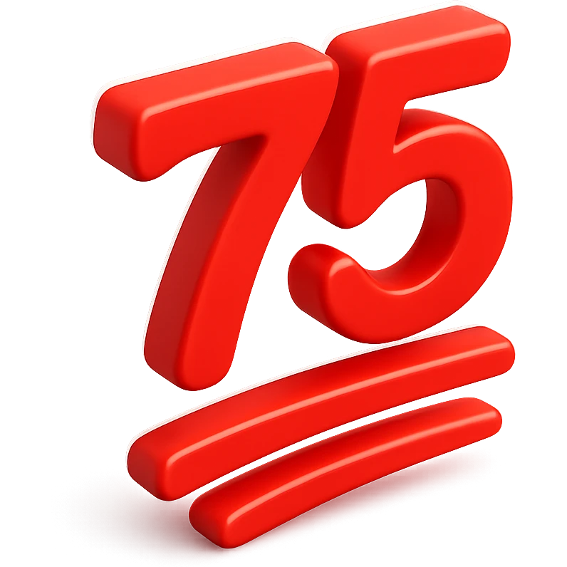 the number 75 styled like the red 100 emoji, bold and dynamic, with two red underlines, on a transparent background emoji