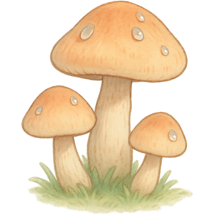 cute small mushroom cluster, soft pastel Japanese hand-drawn, full object, transparent background, with dewdrops on caps emoji