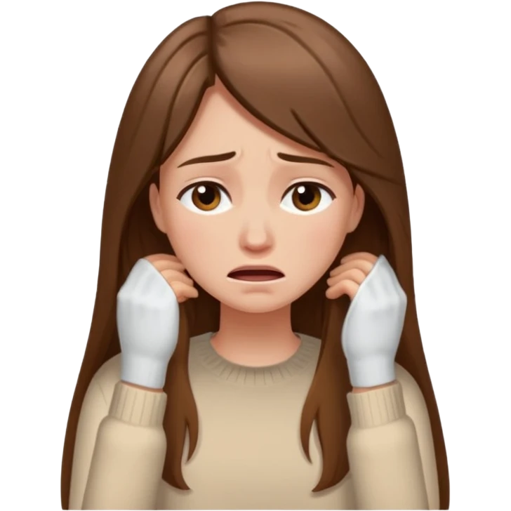 Woman with long brown hair crying, light beige sweater emoji