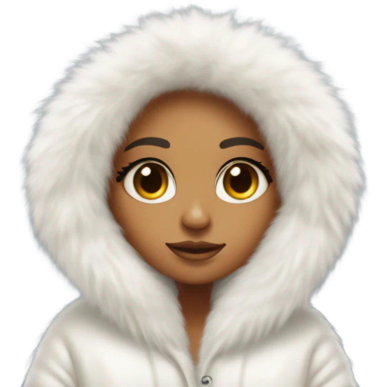 Tanned Girl with lashes ,  in an extremely big fluffy oversized white fur coat with hood on. The fur is real and it’s very obvious big and fluffy like in Pinterest  emoji