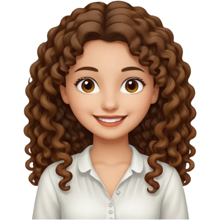 Morena, pele escura, cabelo longo cacheado, pequena e com uma blusa branca sorrindo emoji