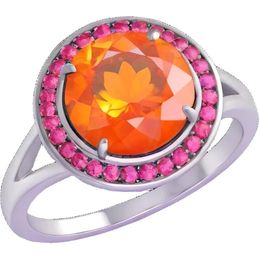 round cut pink fire opal with vibrant pink and orange flashes, silver bezel setting, silver jump ring emoji