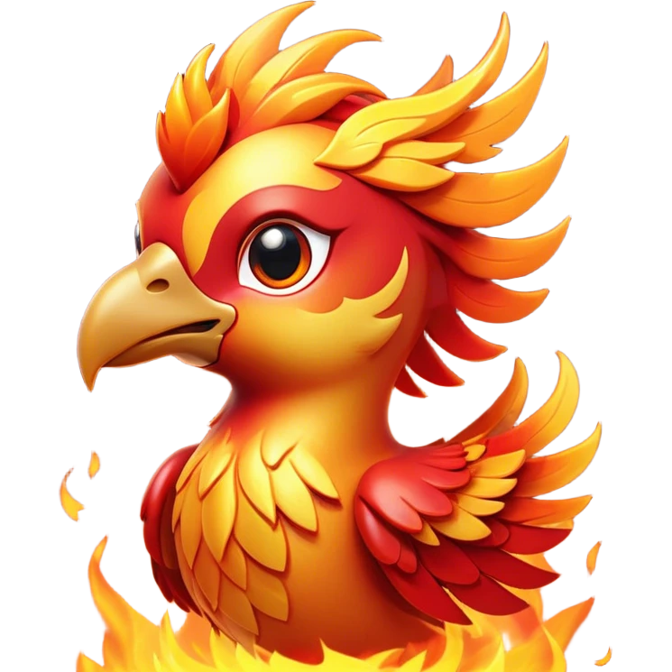 Cinematic Cute fierce & powerful Fire Phoenix Portrait Emoji, Head tilted playfully and inquisitively, showcasing a vibrant, flame-kissed form with intricately detailed feathers in warm shades of red, orange, and shimmering gold, accented by delicate sparks and a gentle, inviting glow; rendered with lifelike detail and soft, radiant light, high shine, enchanting and spirited, styled with a touch of mythic whimsy, soft glowing outline, capturing the essence of a mischievous yet endearing phoenix poised to flutter playfully into your heart! emoji