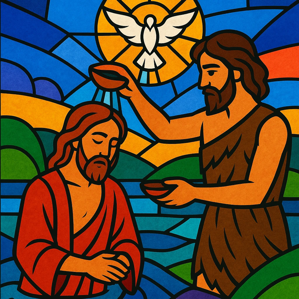 Christian baptism, stained glass effect, vibrant colors emoji